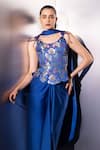 Buy_Label Muslin_Blue Brocade, Silk, Satin Sequins, Embroidery Scoop Draped Skirt And Corset Set _Online_at_Aza_Fashions