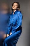 Label Muslin Blue Satin, Silk Collared, V-neck Safety Pin Embellished Shirt And Skirt Set Online at Aza Fashions Label Muslin_Blue Satin, Silk Collared, V-neck Safety Pin Embellished Shirt And Skirt Set _Online_at_Aza_Fashions