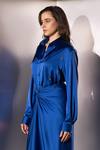 Label Muslin Blue Satin, Silk Collared, V-neck Safety Pin Embellished Shirt And Skirt Set at Aza Fashions Label Muslin_Blue Satin, Silk Collared, V-neck Safety Pin Embellished Shirt And Skirt Set _at_Aza_Fashions