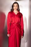 Label Muslin Red Satin Collared, V-neck Safety Pin Embellished Shirt And Skirt Set at Aza Fashions Label Muslin_Red Satin Collared, V-neck Safety Pin Embellished Shirt And Skirt Set _at_Aza_Fashions