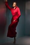 Buy Label Muslin Red Satin Collared, V-neck Safety Pin Embellished Shirt And Skirt Set at Aza Fashions Buy_Label Muslin_Red Satin Collared, V-neck Safety Pin Embellished Shirt And Skirt Set _at_Aza_Fashions