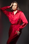 Buy Label Muslin Red Satin Collared, V-neck Safety Pin Embellished Shirt And Skirt Set Buy_Label Muslin_Red Satin Collared, V-neck Safety Pin Embellished Shirt And Skirt Set