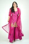 Shop_Anu Pellakuru_Magenta Chinon, Net Embroidery, Zari, Tassels Taeangita Kurta Sharara Set _at_Aza_Fashions