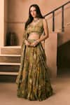 Buy_1999ad By Amita & Deepak_Green Organza Beads, Embroidery V-neck Floral Print Lehenga Blouse Set _at_Aza_Fashions