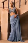 Buy_1999ad By Amita & Deepak_Blue Chinon Beads, Embroidery V-neck Tiered Lehenga Saree With Blouse _at_Aza_Fashions