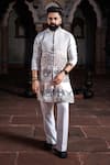 Shop_Courtyard By Abhi_Ivory Lycra Mirrors, Sequins, Embroidery Resham Nehru Jacket And Kurta Set _at_Aza_Fashions