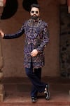 Buy_Courtyard By Abhi_Blue Lycra Embroidery Floral Sherwani Set _at_Aza_Fashions