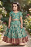 Buy_Maaikid_Green Brocade Zari, Pearls, Embroidery Top And Lehenga Set _at_Aza_Fashions