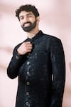 Shop Arihant Rai Sinha Black Polyester, Viscose Geometric Pattern Sherwani And Pant Set Online at Aza Fashions Shop_Arihant Rai Sinha_Black Polyester, Viscose Geometric Pattern Sherwani And Pant Set _Online_at_Aza_Fashions