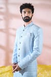 Arihant Rai Sinha_Blue Cotton, Silk, Polyester, Viscose Embroidery, Thread Sherwani And Pant Set 