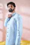 Arihant Rai Sinha_Blue Cotton, Silk, Polyester, Viscose Embroidery, Thread Sherwani And Pant Set 