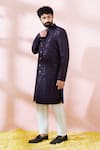 Arihant Rai Sinha_Wine Polyester, Viscose Geometric Pattern Sherwani And Solid Pant _Online
