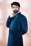 Shop_Arihant Rai Sinha_Blue Satin, Polyester, Viscose Embroidery Floral Pattern Sherwani And Pant Set 