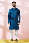 Arihant Rai Sinha_Blue Satin, Polyester, Viscose Embroidery Floral Pattern Sherwani And Pant Set _Online