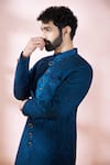Shop_Arihant Rai Sinha_Blue Satin, Polyester, Viscose Embroidery Floral Pattern Sherwani And Pant Set _Online