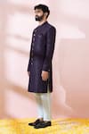 Shop_Arihant Rai Sinha_Wine Polyester, Viscose Geometric Pattern Sherwani And Pant Set _Online_at_Aza_Fashions