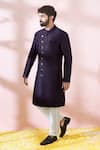 Shop_Arihant Rai Sinha_Wine Polyester, Viscose Geometric Pattern Sherwani And Pant Set _Online