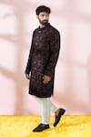 Arihant Rai Sinha_Blue Velvet, Polyester, Viscose Geometric Pattern Sherwani And Pant Set _Online
