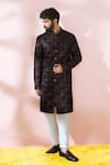 Shop_Arihant Rai Sinha_Blue Velvet, Polyester, Viscose Geometric Pattern Sherwani And Pant Set _Online