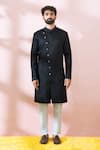 Arihant Rai Sinha Black Satin, Polyester, Viscose Embroidery, Studs Textured Sherwani And Pant Set at Aza Fashions Arihant Rai Sinha_Black Satin, Polyester, Viscose Embroidery, Studs Textured Sherwani And Pant Set _at_Aza_Fashions