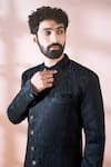 Buy Arihant Rai Sinha Black Satin, Polyester, Viscose Embroidery, Studs Textured Sherwani And Pant Set Online Buy_Arihant Rai Sinha_Black Satin, Polyester, Viscose Embroidery, Studs Textured Sherwani And Pant Set _Online
