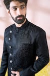 Arihant Rai Sinha Black Satin, Polyester, Viscose Embroidery, Studs Textured Sherwani And Pant Set Arihant Rai Sinha_Black Satin, Polyester, Viscose Embroidery, Studs Textured Sherwani And Pant Set