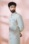 Arihant Rai Sinha_Blue Georgette, Polyester, Viscose Embroidery, Sequins, Sherwani And Pant Set _Online_at_Aza_Fashions
