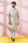 Buy_Arihant Rai Sinha_Cream Velvet, Polyester, Viscose Embroidery, Thread Sherwani And Pant Set _at_Aza_Fashions