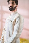 Shop_Arihant Rai Sinha_Cream Velvet, Polyester, Viscose Embroidery, Thread Sherwani And Pant Set _Online