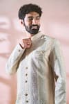 Arihant Rai Sinha_Cream Velvet, Polyester, Viscose Embroidery, Thread Sherwani And Pant Set 