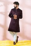 Shop_Arihant Rai Sinha_Maroon Satin, Polyester, Viscose Jacquard Pattern Sherwani And Pant Set 