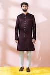 Arihant Rai Sinha_Maroon Satin, Polyester, Viscose Jacquard Pattern Sherwani And Pant Set _Online