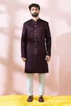 Buy_Arihant Rai Sinha_Maroon Satin, Polyester, Viscose Jacquard Pattern Sherwani And Pant Set _Online