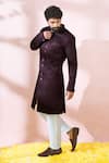 Shop_Arihant Rai Sinha_Maroon Satin, Polyester, Viscose Jacquard Pattern Sherwani And Pant Set _Online