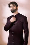 Arihant Rai Sinha_Maroon Satin, Polyester, Viscose Jacquard Pattern Sherwani And Pant Set 