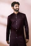 Arihant Rai Sinha_Maroon Satin, Polyester, Viscose Jacquard Pattern Sherwani And Pant Set 