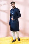 Arihant Rai Sinha Blue Polyester, Viscose Geometric Pattern Sherwani And Pant Set Online Arihant Rai Sinha_Blue Polyester, Viscose Geometric Pattern Sherwani And Pant Set _Online