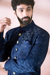 Shop Arihant Rai Sinha Blue Polyester, Viscose Geometric Pattern Sherwani And Pant Set Online Shop_Arihant Rai Sinha_Blue Polyester, Viscose Geometric Pattern Sherwani And Pant Set _Online