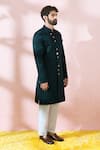 Shop_Arihant Rai Sinha_Green Satin, Polyester, Viscose Textured Sherwani And Solid Pant Set 