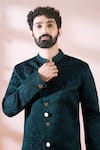 Shop_Arihant Rai Sinha_Green Satin, Polyester, Viscose Textured Sherwani And Solid Pant Set _Online