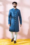 Arihant Rai Sinha_Blue Polyester, Viscose Geometric Pattern Sherwani And Pant _Online