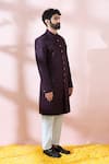Shop_Arihant Rai Sinha_Wine Polyester, Viscose Geometric Pattern Sherwani And Pant Set _Online_at_Aza_Fashions