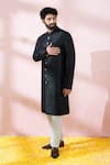 Shop_Arihant Rai Sinha_Black Polyester, Viscose Geometric Woven Sherwani And Pant Set _Online