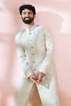 Arihant Rai Sinha_White Silk, Polyester, Viscose Embroidery, Sequins, Paisley Sherwani And Pant Set 