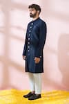 Shop_Arihant Rai Sinha_Blue Polyester, Viscose Geometric Pattern Sherwani And Pant Set 