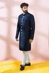 Arihant Rai Sinha_Blue Polyester, Viscose Geometric Pattern Sherwani And Pant Set 