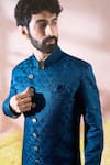 Shop_Arihant Rai Sinha_Blue Polyester, Viscose Geometric Pattern Sherwani And Pant Set _Online_at_Aza_Fashions