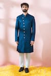 Shop_Arihant Rai Sinha_Blue Polyester, Viscose Geometric Pattern Sherwani And Pant Set _Online