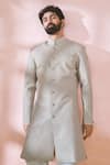 Shop_Arihant Rai Sinha_Cream , Satin, Polyester, Viscose Geometric Pattern Sherwani And Pant Set _Online_at_Aza_Fashions