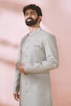 Shop_Arihant Rai Sinha_Cream , Satin, Polyester, Viscose Geometric Pattern Sherwani And Pant Set 